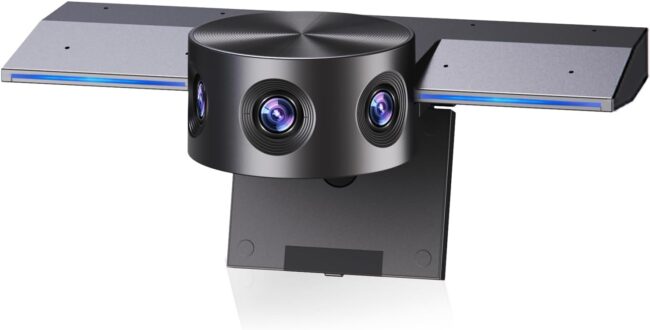 Panoramic 180° Video Camera, Immersive Video Conference Experience, both Overall and Speakers’ Close-up view, 1080P Webcam for Huddle Room and Homebased Office, Plug and Play with  Card Slot