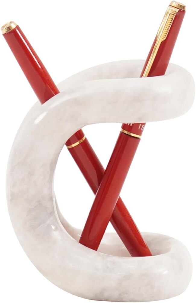 Marble Pen Holder 4 Inch White Desk Organizer for Office Accessories & School Supplies - Stone Pencil, Toothbrush & Makeup Brush Holders for Room Decor