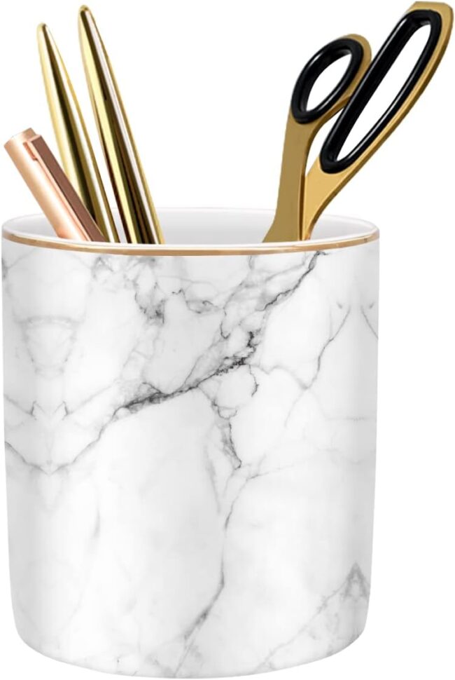 Pen Holder for Desk Cute, Modern Marble Desk Organizer, Durable Ceramic Pencil Cup, Makeup Brush Holder Cup, Multifunctional Office Stationery Holder for Women, Men, White Marble