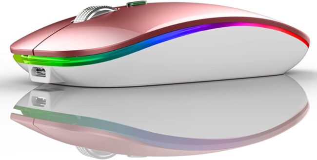 Wireless Mouse, G12 Slim Rechargeable Silent 2.4G Portable Optical Wireless Computer Mice with USB Receiver and Type C Adapter (Rose Gold)