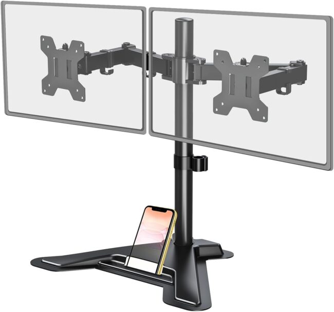 Dual Monitor Stand, Free-Standing Full Motion Monitor Desk Mount Fits 2 Screens up to 27 inches,17.6lbs with Height Adjustable, Swivel, Tilt, Rotation,  75x75 100x100, Black