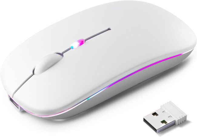 Wireless Bluetooth Mouse – Rechargeable, Silent, Dual Mode (Bluetooth 5.2 & USB) with LED Lights – Portable for Laptop, Desktop, & Tablet(White)