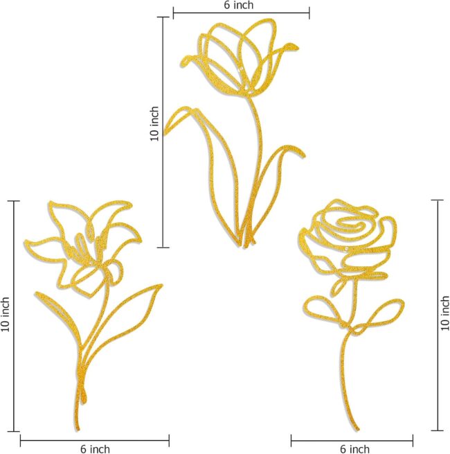 3 Pieces Metal Flowers Wall Arts Decor, Rustic Farmhouse Metal Wall Ornament Art Gold Minimalist Floral Decor for Bathroom Kitchen Bedroom Living Room, 6x10 Inches - Housewarming Gifts - Image 2