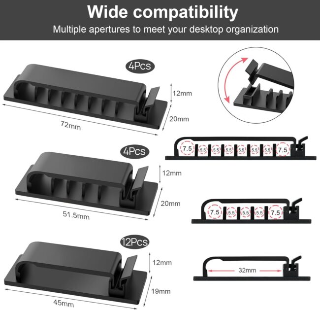Cable Management Clips, 20Pcs Cord Organizers Wire Clips Cord Holder for TV PC Ethernet Cable Desk Home Office (Black) - Image 2