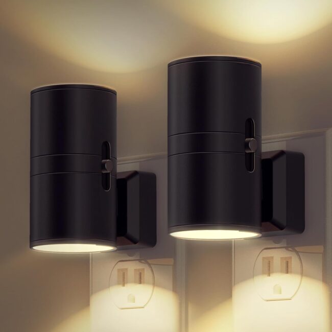 Night Light Plug in, Modern Night Lights Plug into Wall, Dusk to Dawn Sensor, Soft White 3000K, 0-100LM Adjustable Brightness, Dimmable Night Lights for Hallway Bedroom Stairway, 2 Pack