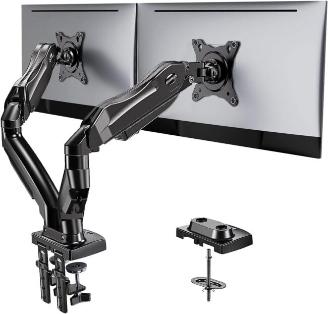 Dual Monitor Stand - Full Adjustable Monitor Desk Mount Swivel  Bracket with C Clamp, Grommet Mounting Base for 13 to 32 Inch Computer Screens - Each Arm Holds 4.4 to 19.8lbs