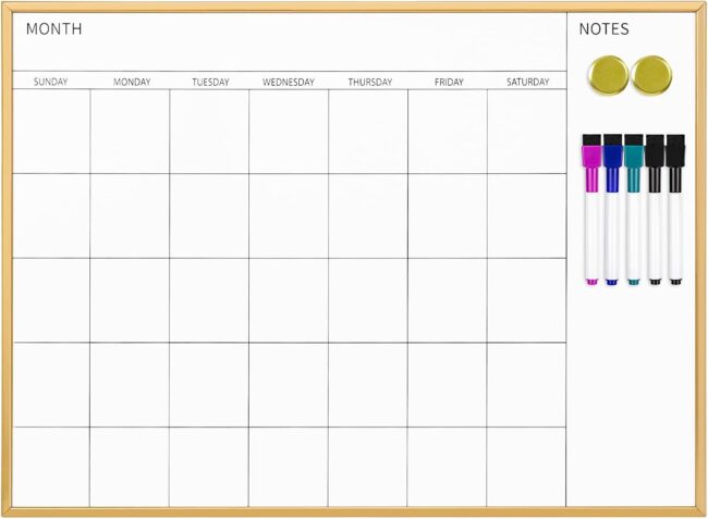 Magnetic Monthly Calendar Whiteboard, 17'' x 23'' Dry Erase Calendar for Wall Office School Home, Gold Wooden Frame