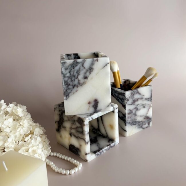 Natural Marble Stone Square Storage Container Empty Vessel Holder Cup for Candle/Pens/Sundries Items (Calacatta Purple) - Image 2