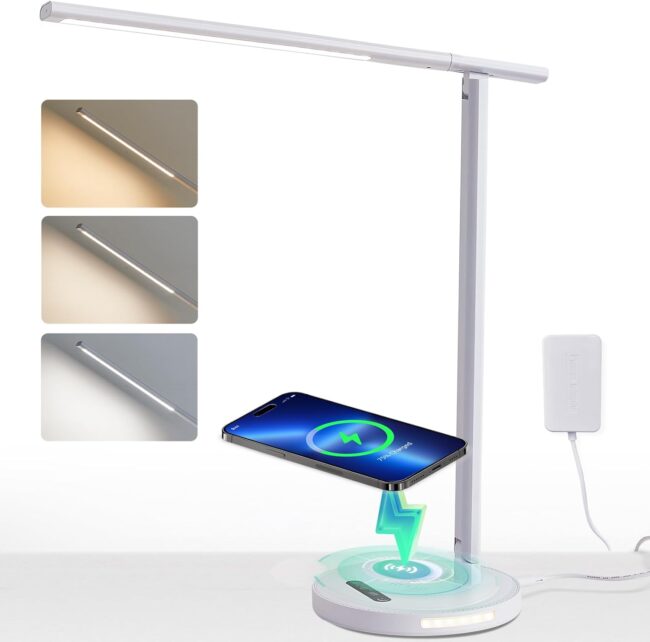 Upgraded LED Desk Lamp with Wireless Charger, Stepless Dimmable Foldable Table Lamp for Home Bedroom Office Sturdy Room, 3 Color Temperatures, Memory Function