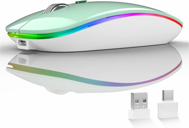 Wireless Mouse, G12 Slim Rechargeable Wireless Silent Mouse, 2.4G Portable USB Optical Wireless Computer Mice with USB Receiver and Type C Adapter (Mint Green)