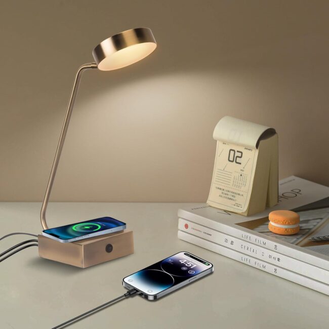 LED Desk Lamp with Wireless Charger,Industrial Table Lamp with 2 USB Charging Ports,Adjustable lamp Head, Button Switch,Eye Caring Reading Light Suitable for Bedroom Living Room Office,Study Gold