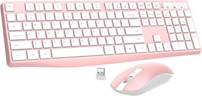 Wireless Keyboard and Mouse Combo,  2.4G Full-Sized Ergonomic Keyboard Mouse, 3 DPI Adjustable Cordless USB Keyboard and Mouse, Quiet Click for Computer/Laptop/Windows/Mac (1 Pack, Pink)