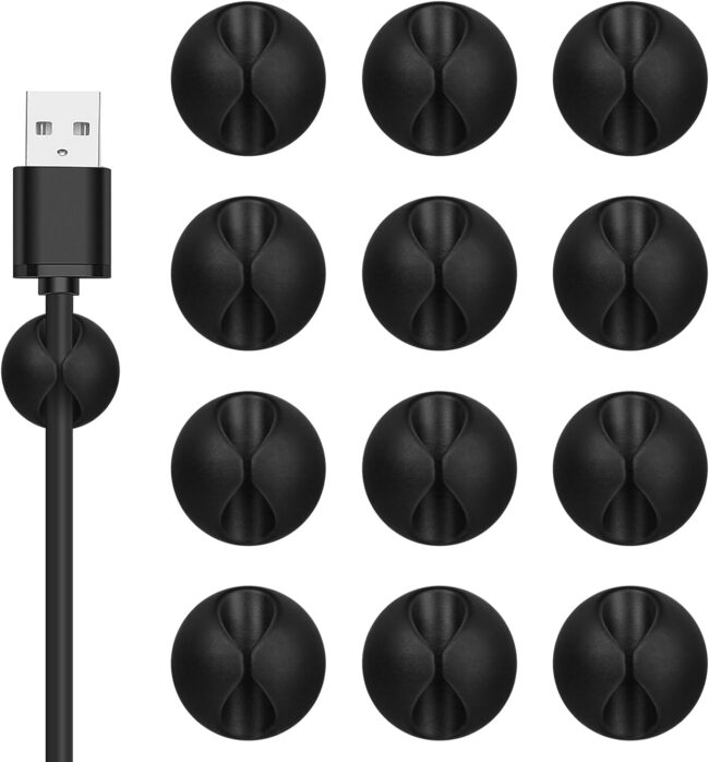 Cord Holder Cable Clips, 12PCS Black Adhesive Cord Organizer Charger Holder Wire Management Keeper for Nightstand, Desk, Office or Mouse