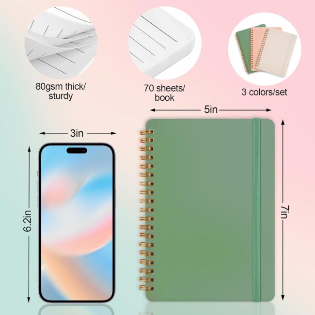 3 PCS Small Spiral Notebook 5x7, Notebooks for Note Taking, Morandi Spiral Journal Notebook, Work Notebook Small Notebooks 5x7 with Strap, Cute Notebooks for Women 70 Sheets/Note Books - Image 2