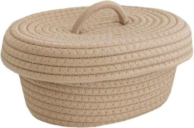 Desktop Storage Box with Lid, Handmade Cotton Rope Storage Basket for Makeup Sundries Snack Needles(Khaki)