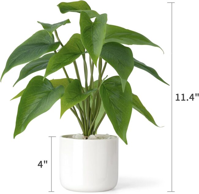 Fake Plants in Ceramic Pot, 11" Potted Artificial Plants for Home Decor Indoor Faux Green Leaf Plant with Modern White Planter for Desk Shelf Office Room Decoration (Pothos) - Image 2