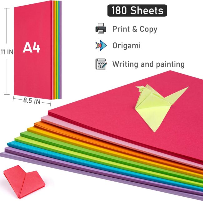 Color Copy&Print Paper 8.5X11 Inches,180 Sheets 9 Colors Rainbow A4 Printer Paper 20 lb/90GSM Colored Origami Paper for Cutting DIY Kids Art Craft - Image 2