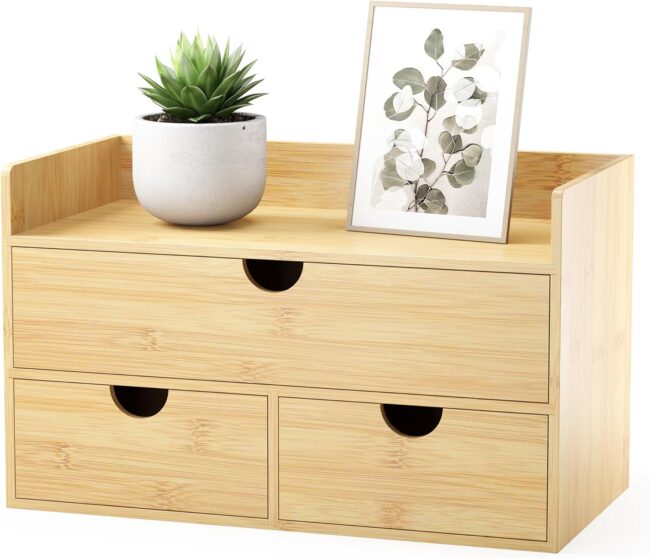 Bamboo Desk Organizer with Drawers Small Desktop Drawers for Countertop Mini Tabletop Storage Container with Drawers for Home Office No Assembly Required