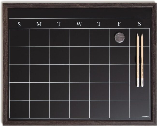 Magnetic Chalk Calendar Board, 20"x16", Rustic Wood Style Frame, includes Chalk Pencils and Magnet