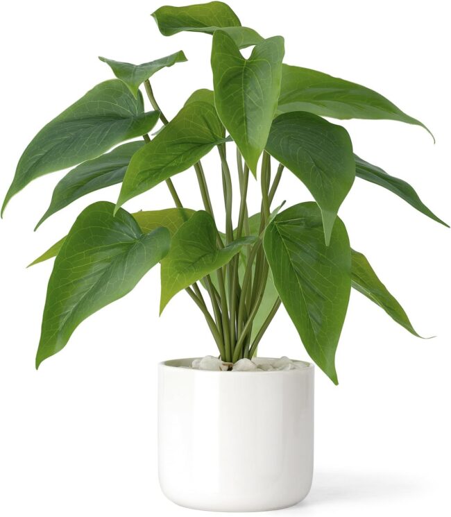 Fake Plants in Ceramic Pot, 11" Potted Artificial Plants for Home Decor Indoor Faux Green Leaf Plant with Modern White Planter for Desk Shelf Office Room Decoration (Pothos)