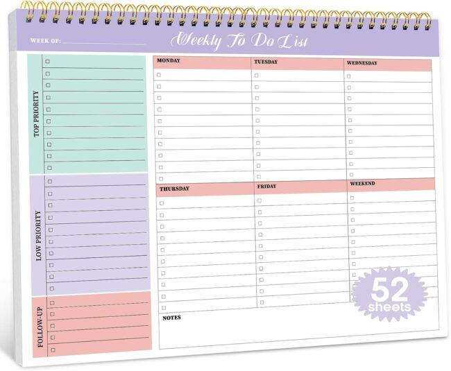 Weekly To Do List Notepad with 52 Undated Sheets（8.5"×11"）- Weekly Desk Planner for Women & Man, Work and Home