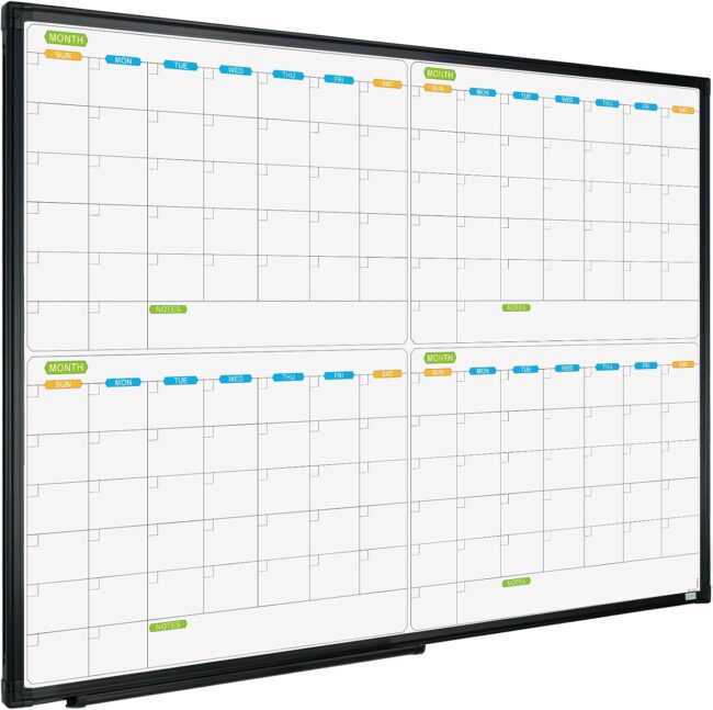Magnetic Dry Erase Calendar Whiteboard, 4 Month White Board Planner 36 X 24 Inch, Black Aluminum Frame Wall Mounted Board for Office Home and School