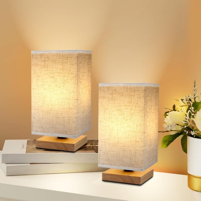 Small Square Bedside Table Lamp for Bedroom set of 2,Minimalist Wood Base & Round Fabric Shade,Mini Cute Cozy Warm Nightstand Boho Lamp, Study Desk Night Stand Light for Room,Dorm,Nursery,Living Room