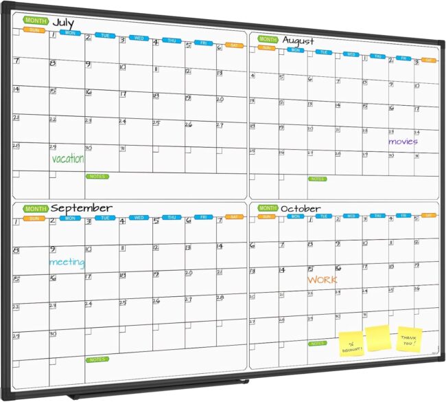 Magnetic Dry Erase Calendar Whiteboard, 4 Month White Board Planner 48 X 36 Inch, Black Aluminum Frame Wall Mounted Board for Office Home and School