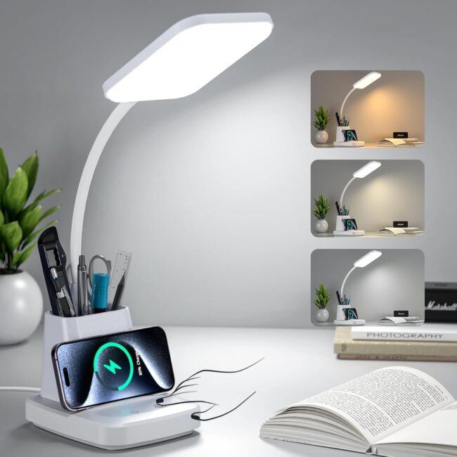 Desk Lamp with Wireless Charger, LED Desk Lamps for Home Office Eye-Caring CRI 90, 3 Color Modes, Stepless Dimming Touch Table Lamp, Study Small White Lamp with Pen Holder for College Dorm