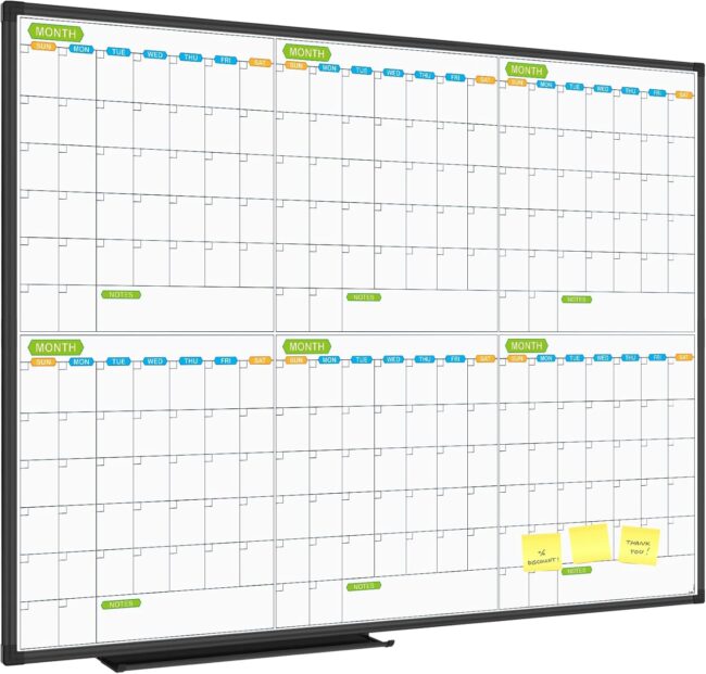Magnetic Dry Erase Calendar Whiteboard, 6 Months White Board Planner 48 X 36 Inch, Black Aluminum Frame Wall Mounted Board for Office Home and School