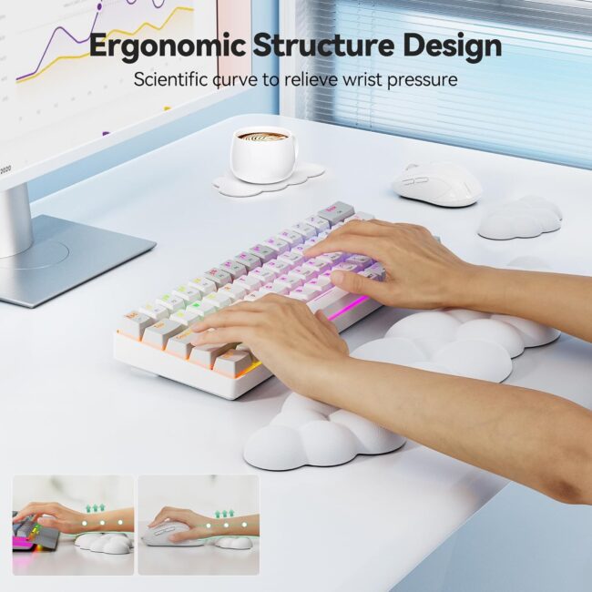 Cloud Keyboard Wrist Rest Set, Cloud Wrist Rest with Non-Slip Base, PU Leather Wrist Pad for Keyboard with Ergonomic Memory Foam for Computer Laptop, Office, Gaming, White - Image 2