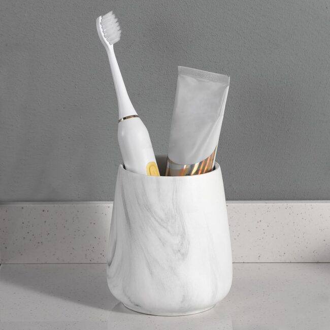 Marble White Toothbrush Holder for Bathroom - Ceramic Tooth Brushing Holders, Toothbrush Cup, Toothpaste Organizer for Bathroom Countertop, Makeup Brush Holder, Pen Holder for Home Desktop Storage - Image 2