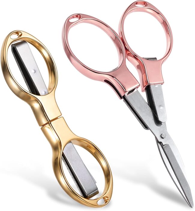 2Pcs Metal Folding Scissors, Portable Safety Small Travel Scissors Retractable Pocket Shears Mini Craft Shears for Home, Office, Fishing, Sewing(Rose Gold+Gold)