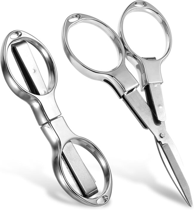 2Pcs Metal Folding Scissors, Portable Safety Small Travel Scissors Retractable Pocket Shears Mini Craft Shears for Home, Office, Fishing, Sewing(Silver)