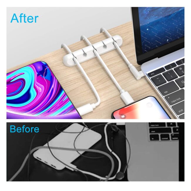 White Cable Clips, Cord Organizer Cable Management, Cable Organizers USB Cable Holder Wire Organizer Cord Clips, 2 Packs Cable Straps for Desk Car Home and Office (5, 3 Slots) - Image 2