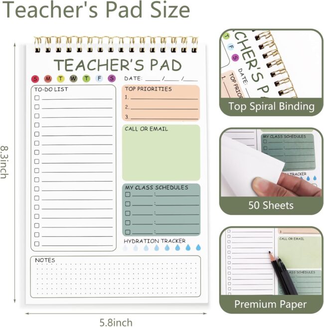 Teacher To Do List Notepad, 8.3x5.8 Inch Teacher Notepad, Spiral Checklist Notebook for Class Schedules, Daily Planner, School Tasks and Goal Setting (Green) - Image 2