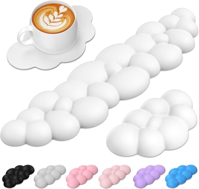 Cloud Keyboard Wrist Rest Set, Cloud Wrist Rest with Non-Slip Base, PU Leather Wrist Pad for Keyboard with Ergonomic Memory Foam for Computer Laptop, Office, Gaming, White