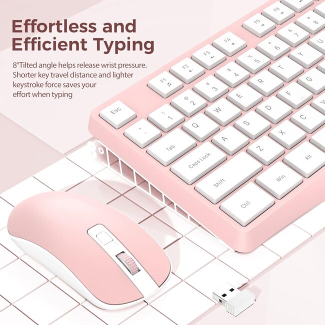 Wireless Keyboard and Mouse Combo,  2.4G Full-Sized Ergonomic Keyboard Mouse, 3 DPI Adjustable Cordless USB Keyboard and Mouse, Quiet Click for Computer/Laptop/Windows/Mac (1 Pack, Pink) - Image 2