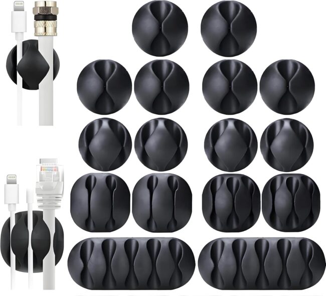 16-Pack Black Cord Organizer - Adhesive Cable Clips Holder for Desk, Wall, Car - Wire Management Clips for  Charger, USB, Computer Cables - No-Slip Cord Keepers with Strong Sticky Backing