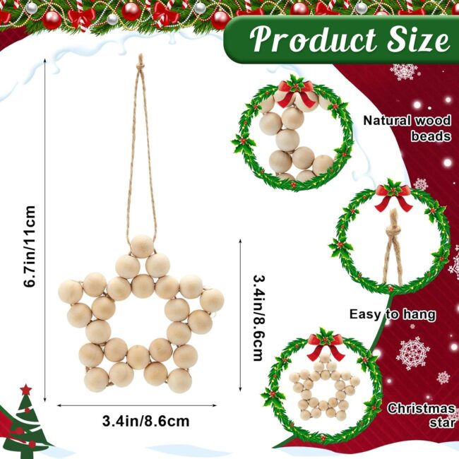 24 Pcs Christmas Wood Star Ornaments Boho Tree Ornaments Wooden Bead Hanging Star Decorations Farmhouse Natural Rustic Small Boho Holiday Minimalist for Neutral Xmas Tree Hanging Party Decor - Image 2