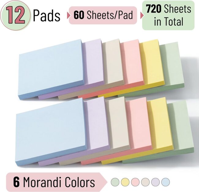 - Bulk Sticky Notes, Morandi Colors Self-Stick Aesthetic, Colorful, 3”x3”, 12 Pads - Image 2