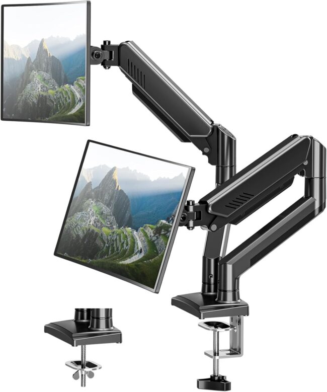 Dual Monitor Desk Mount - Adjustable Monitor Arm for 2 Monitors up to 32 inches/19.8 lbs, Double Monitor Desk Stand  Bracket with C-Clamp & Grommet Mounting, Swivel Computer Screen Mount, Freelift