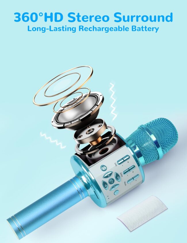 Kids Karaoke Microphone Machine Toys for Girls Bluetooth Microphone with LED Light, Birthday Gift for Girls Boys 3 4 5 6 7 8 9 10 11 12 Year Old Kids Toys(Blue) - Image 2