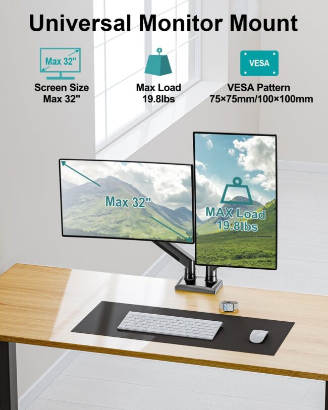 Dual Monitor Desk Mount - Adjustable Monitor Arm for 2 Monitors up to 32 inches/19.8 lbs, Double Monitor Desk Stand  Bracket with C-Clamp & Grommet Mounting, Swivel Computer Screen Mount, Freelift - Image 2