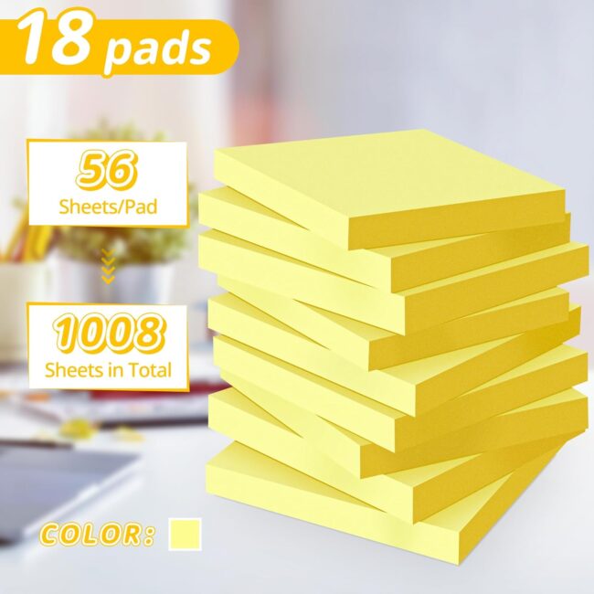 (18 Pack) Sticky Notes 3x3 in Canary Yellow, Strong Adhesive, Clean Removal, Recyclable, Self-Stick Pads, Easy to Post for Home, Office, Notebook - Image 2