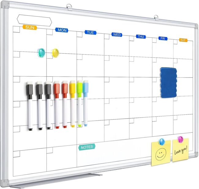 Dry Erase Calendar Whiteboard for Wall, 36" x 24" Magnetic Monthly White Board Calendar Dry Erase, Wall Hanging Aluminum Frame with Tray for Home, School, Office (Silver Frame)