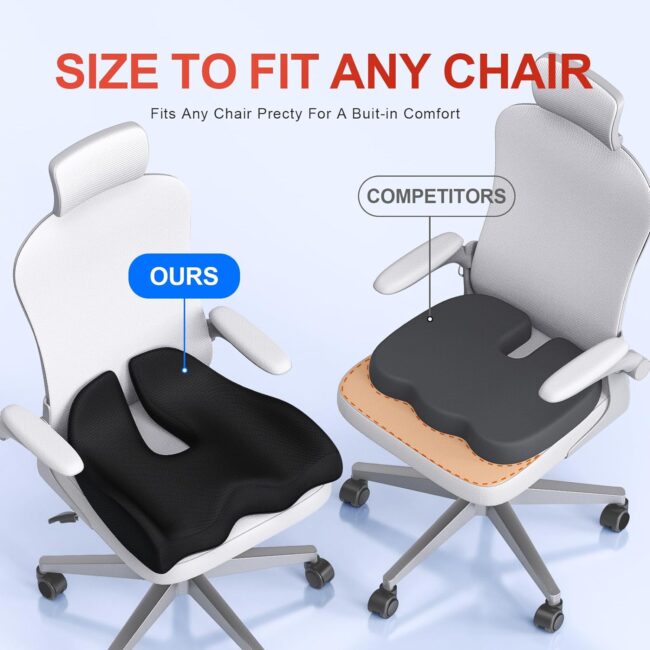 Medium Large Memory Seat Cushion for Office Chair Ergonomic Cushions Pad Pillow for Pressure Relief Sciatica & Pain Relief Memory Foam for Long Sitting for Gaming Chair and Car Seat Black - Image 2