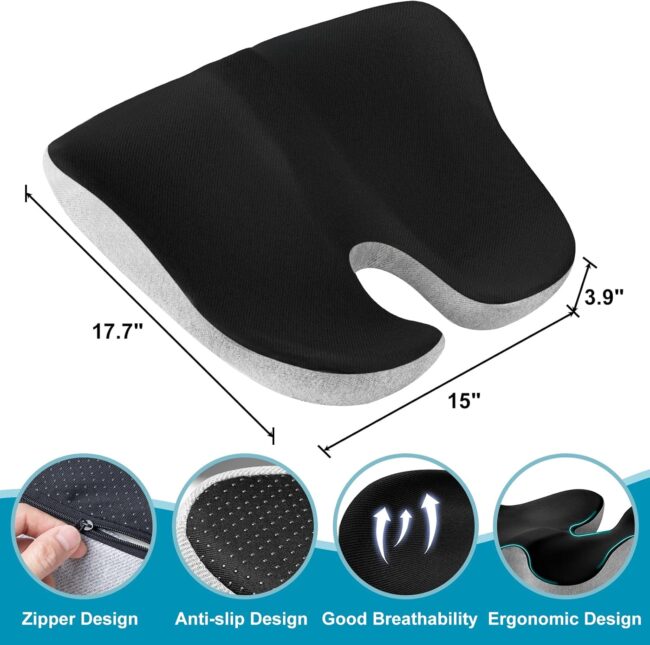 Seat Cushion, X Large Memory Foam Cushion for Office Chair Cushions, Car Seat, Gaming Chair, Ergonomic Cushions Pad Pillow for Sciatica, Tailbone Pain Relief and Long Sitting (Blcak) - Image 2