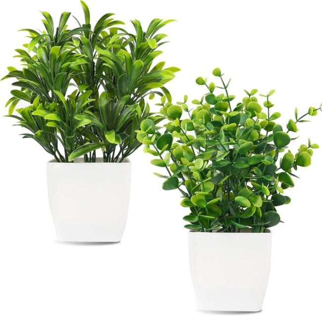 2pcs Small Fake Plants, Mini Potted Plants for Home Bathroom Shelf Decor, Artificial Eucalyptus Plants for Office Desk Greenery Decoration