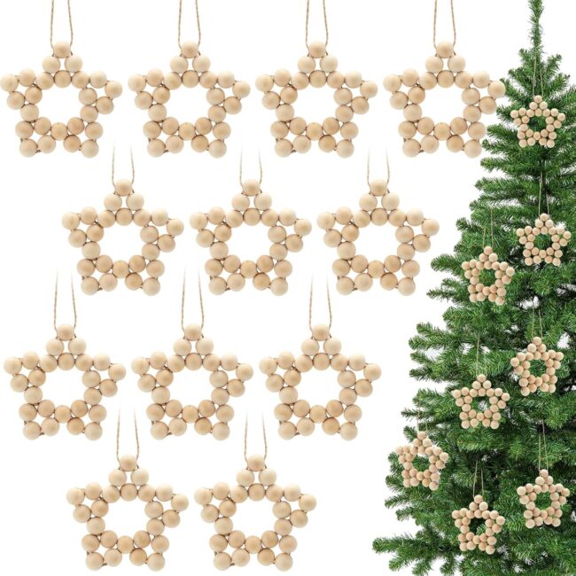 24 Pcs Christmas Wood Star Ornaments Boho Tree Ornaments Wooden Bead Hanging Star Decorations Farmhouse Natural Rustic Small Boho Holiday Minimalist for Neutral Xmas Tree Hanging Party Decor